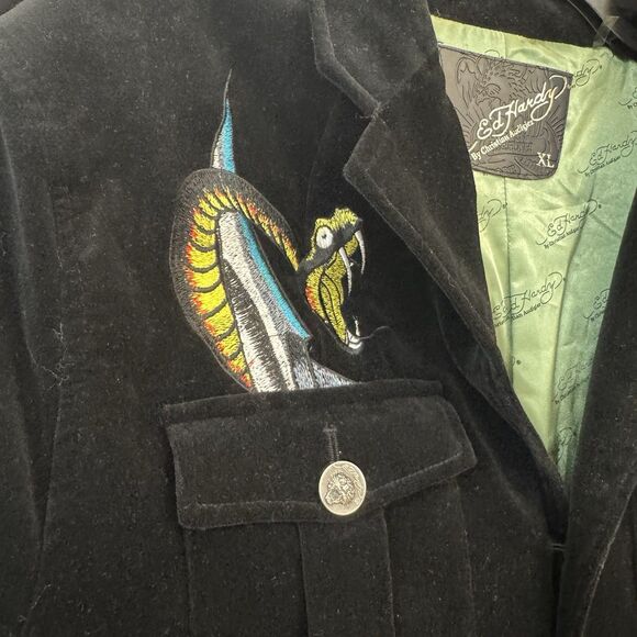 Ed Hardy Christian Audigier Suit Jacket Blazer Black Velvet Embroidered XL - Picture 3 of 7